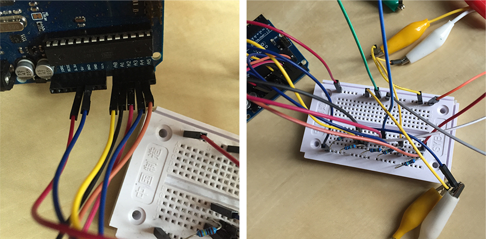 Two pictures of Arduino connected to breadboard with resistors