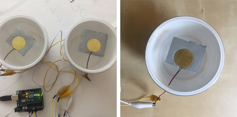 Two pictures of jumper wires connected to Piezos amplifiers taped to plastic containers