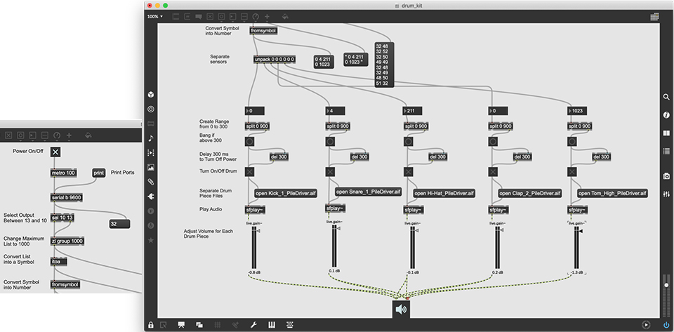 Screenshots of drum kit code in Max/MSP